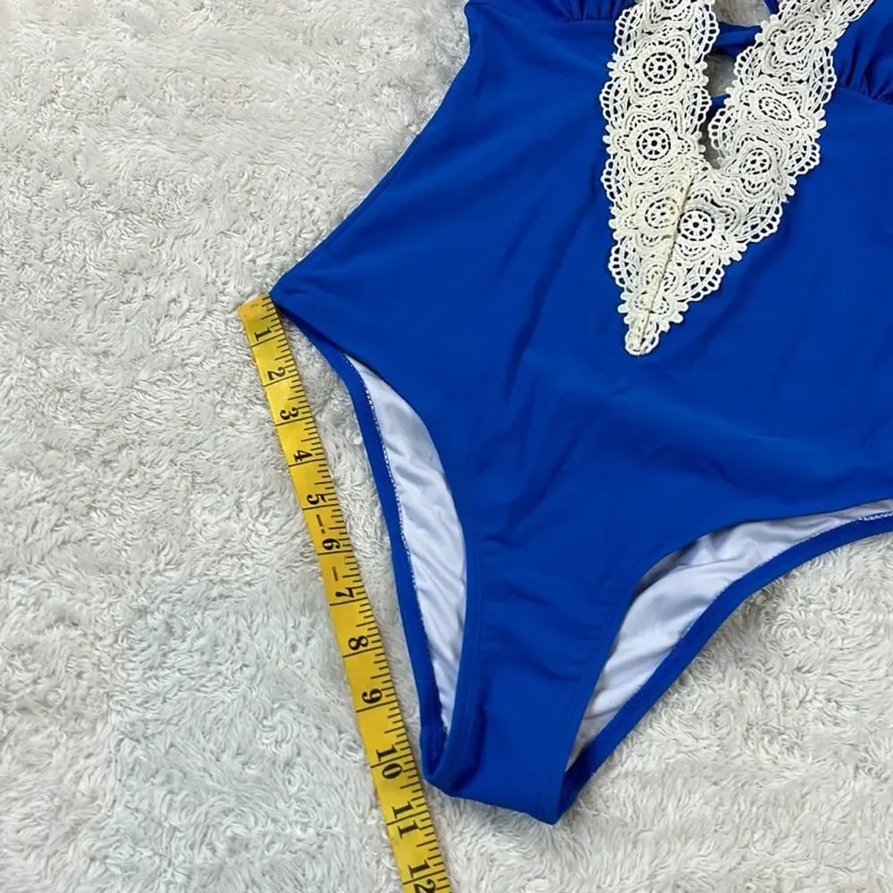 Cupshe lace plunge blue and cream one piece swimsuit,‎ size small